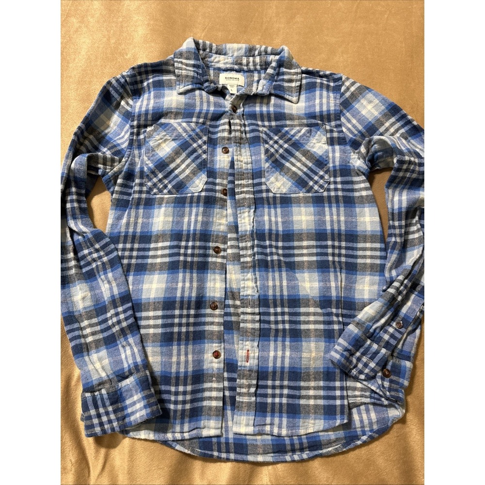Sonoma Boys Size Large Blue and White Plaid Flannel Button Up Shirt